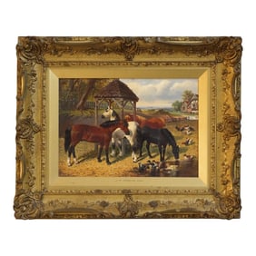 Oil on Canvas "Horses Ducks and Roosters" by John Frederick Herring Junior (British 1815-1907)