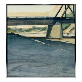 1970s Santa Cruz Boardwalk Railroad Trestle Bridge Landscape Watercolor Painting by Laura Manss Mata