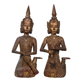 Vintage Thai Musicians Carved & Gilt Wood - a Pair