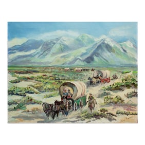 1970s "Oregon Trail" Western Figural Landscape Painting by Harry Roerade