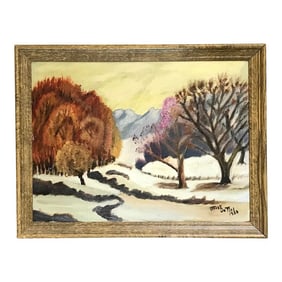 1980 Mary Dutiel Winter Scene Primitive Oil Painting on Canvas Board, Framed