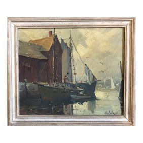 Mid 20th Century "Boats in Harbor, Massachusetts" Framed Mid-Century Seascape Painting by Otis Pierc