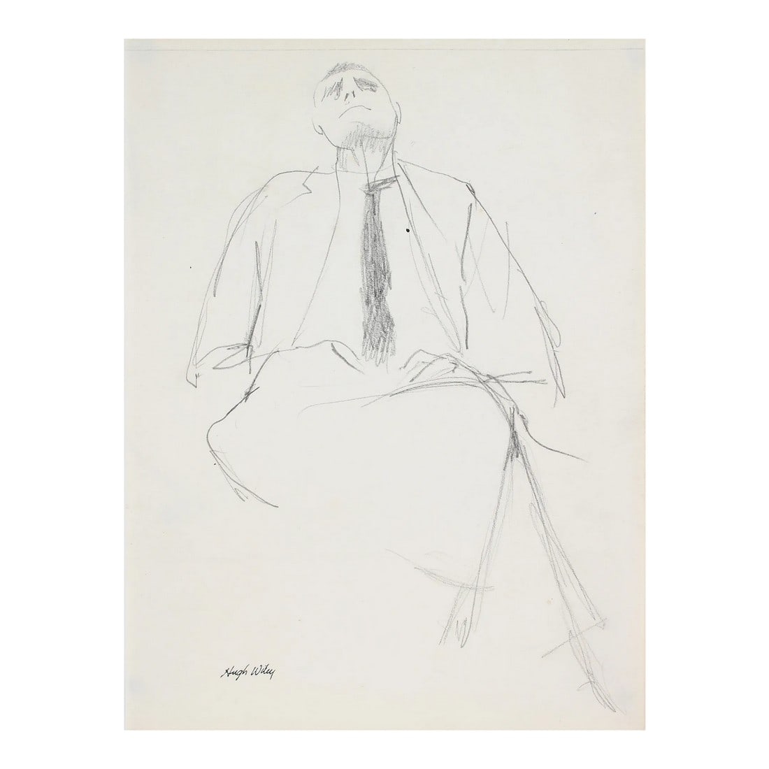 Reclined Businessman Late 1950s Graphite: This late 1950s sketch of a seated male is by Northern California artist Hugh Wiley (1922-2013). Wiley studied at the Pennsylvania Academy of the Fine Arts and in Mexico City under Carlos Merida. He s