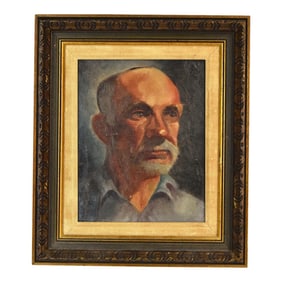 Vintage Oil Painting Portrait of Bald Man With Gray Goatee