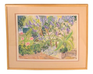 1980s Tropical Floral Watercolor Painting Garden Landscape