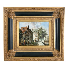 Dutch Street Scene, Vintage Oil on Panel, Signed Illegibly