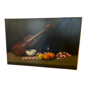Vintage Still Life Painting on Canvas, Fruit and Violin, Unframed