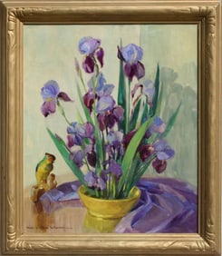 California Impressionism 1940s Irises and Parrot Still Life Oil Painting Nell Walker Warner