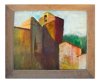 Mid 20th Century Abstract Architectural Oil Painting of a Monastery Bell, Framed