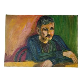 Fauvist Portrait Oil Painting of a Man Wearing Blue Sitting at a Table by Rosemary Rabut