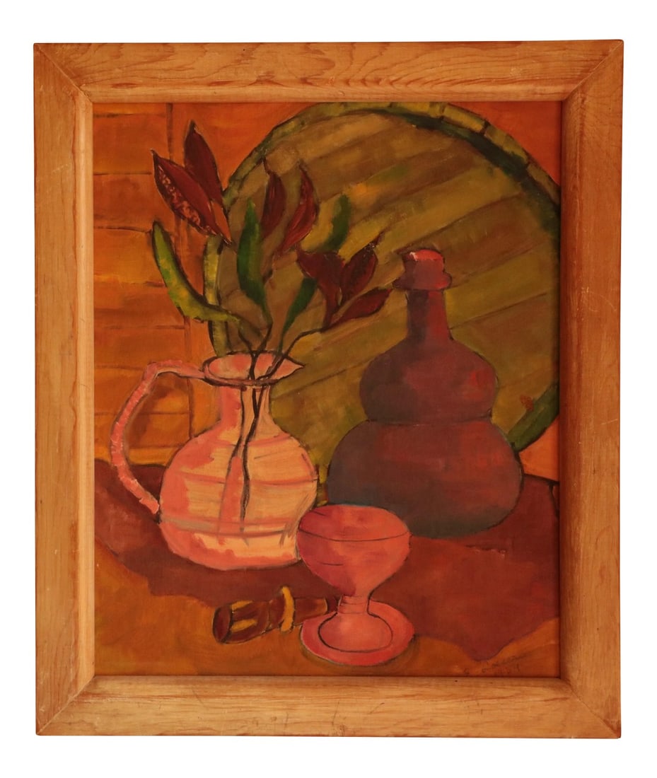 Mid Century Abstract Still Life Painting: This gorgeously-hued, warm still life features a simple tabletop scene with a pitcher, goblet, and a gourd-shaped bottle. Good overall condition on canvas board with deliberately distressed limed oak
