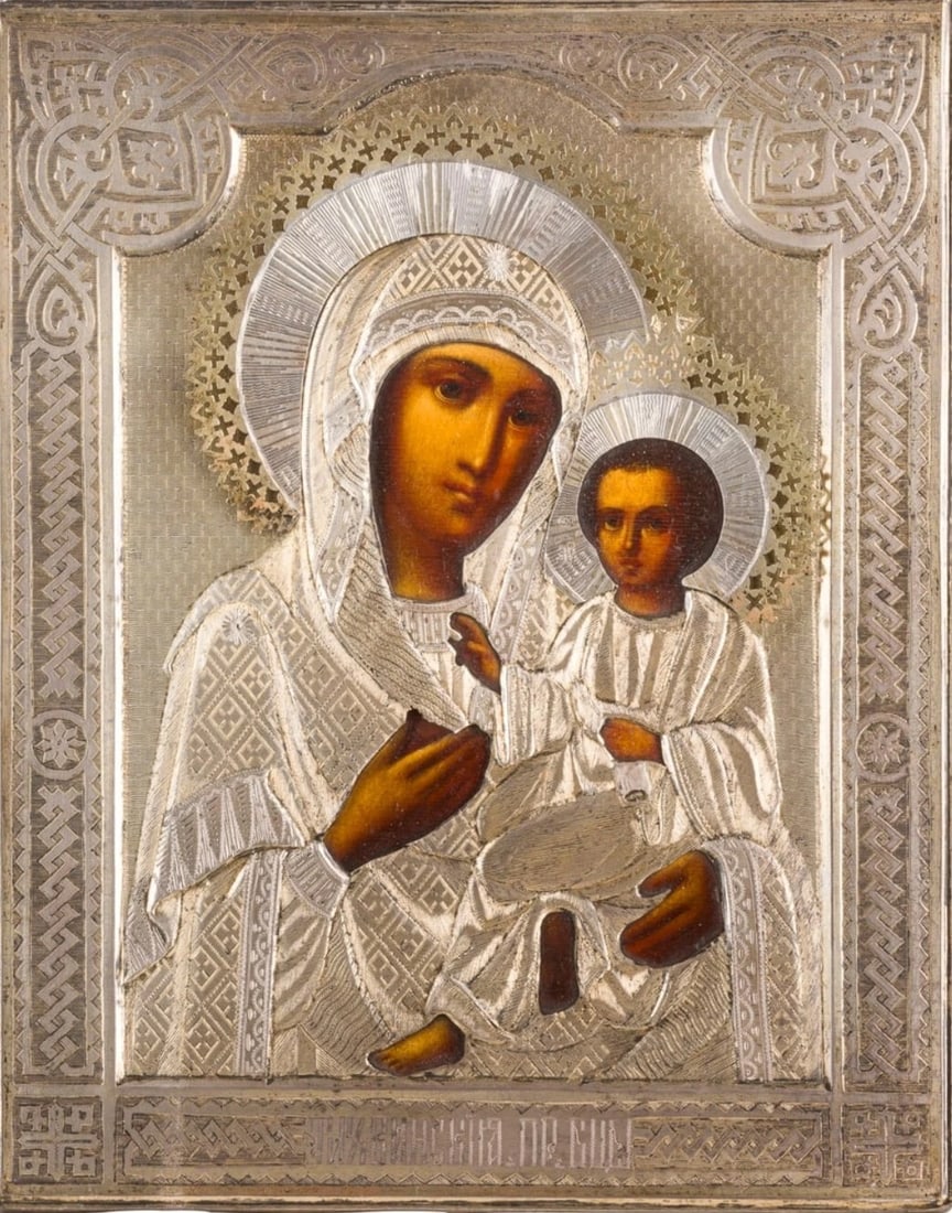 ANTIQUE 19c HAND PAINTED 84 SILVER RUSSIAN ICON OF TIKHVINSKAYA MOTHER OF GOD (1 of 2)