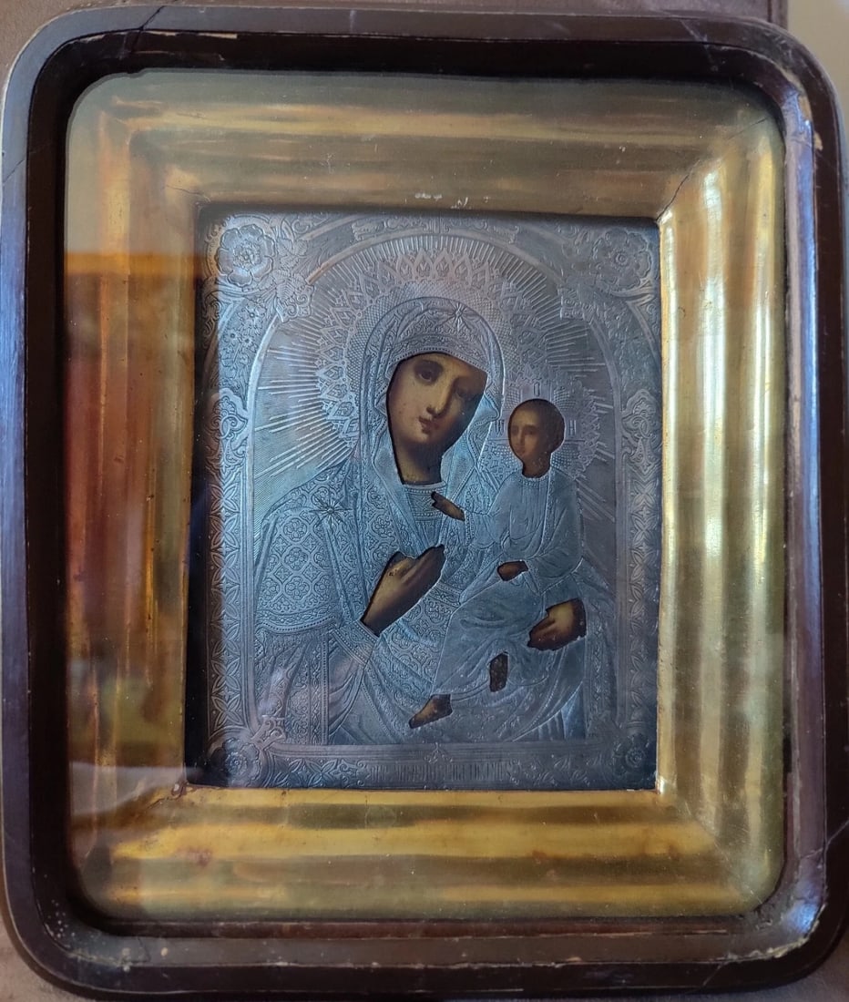 ANTIQUE 19C HAND PAINTED 84 SILVER RUSSIAN ICON OF TIKHVIN MOTHER OF GOD & KIOT (1 of 7)