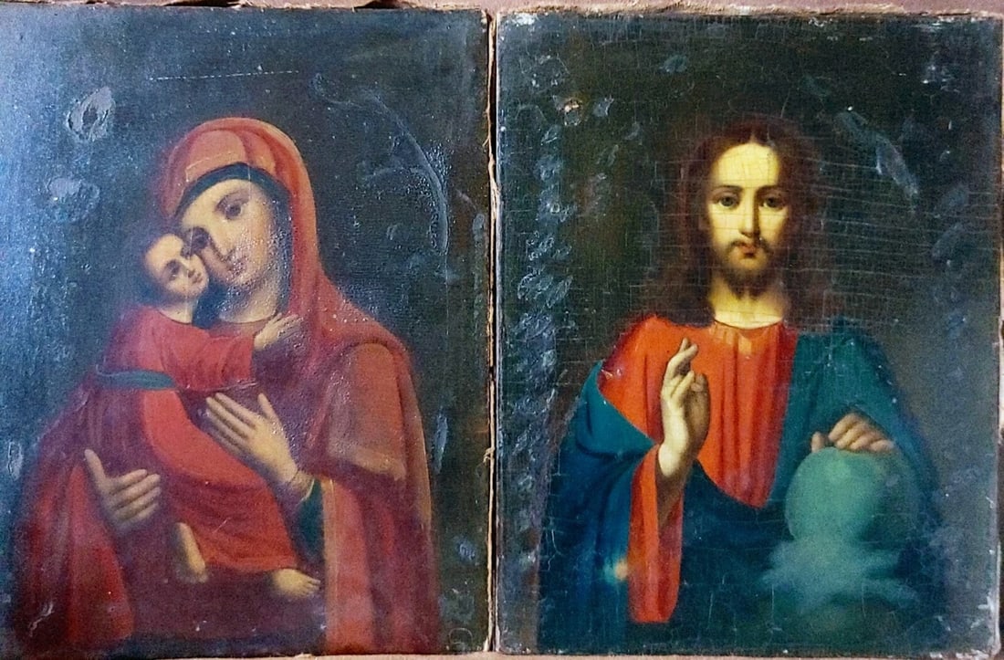 ANTIQUE 19c WEDDINGS PAIR OF ICONS CHRIST & MOTHER OF GOD: ANTIQUE 19C RUSSIAN ICONS(2) OF CHRIST AND MOTHER OF GOD HAND PAINTED ON WOOD PANEL. PAYMENT DUE WITHIN 24 HOURS AFTER THE AUCTION ENDS. SIZE 9 x. 7 INCHES. 23 x 18 cm INTERNATIONAL BUYERS ARE RESPONS