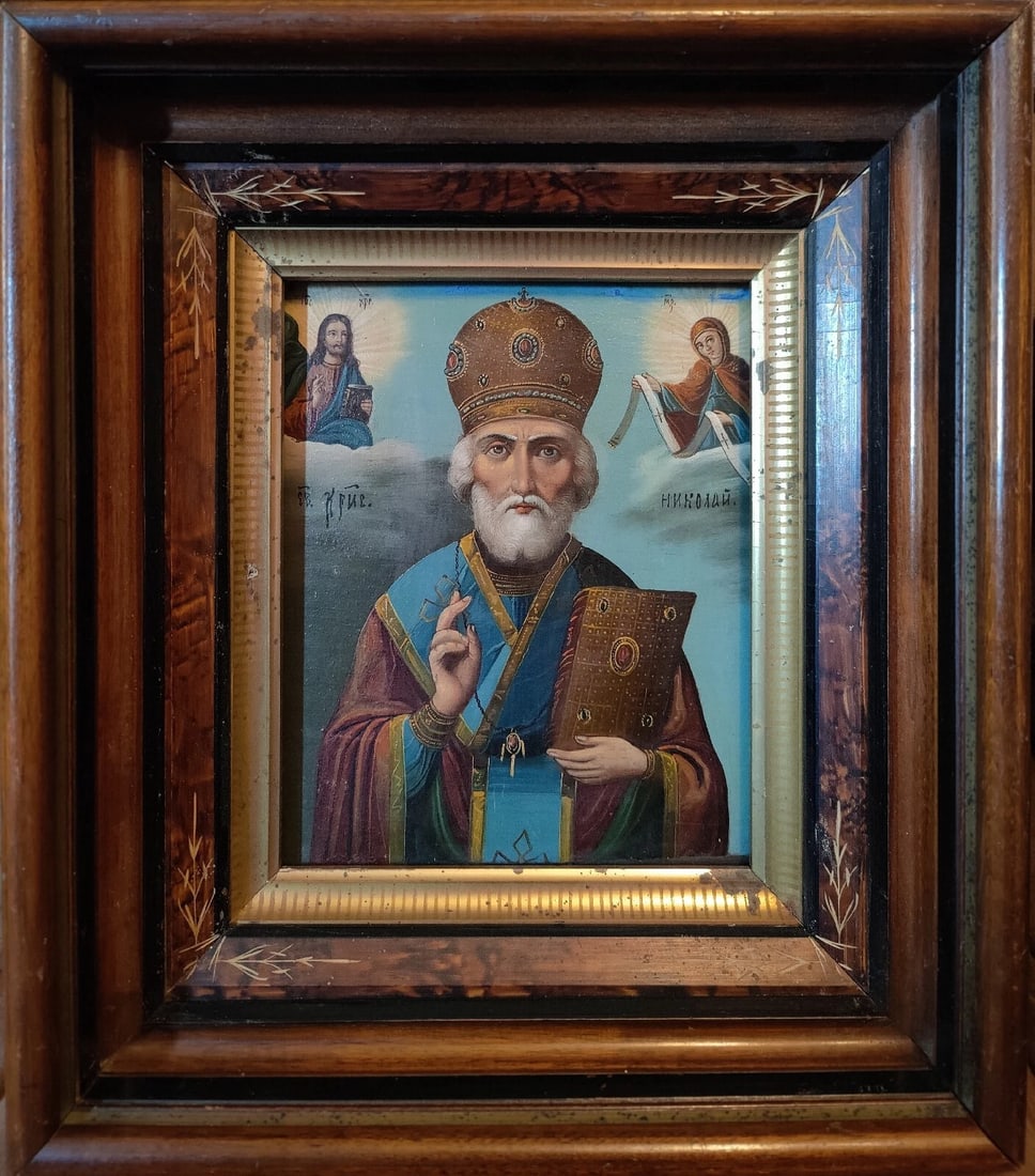 ANTIQUE 19C RUSSIAN HAND PAINTED ICON OF ST.NICHOLAS & KIOT FRAME. (1 of 7)
