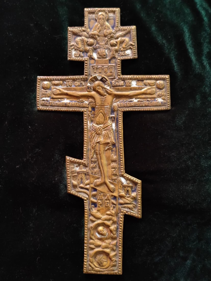 ANTIQUE 19c RUSSIAN ORTHODOX BRONZE COLOR ENAMEL CROSS CRUCIFIX LARGE!!! (1 of 6)