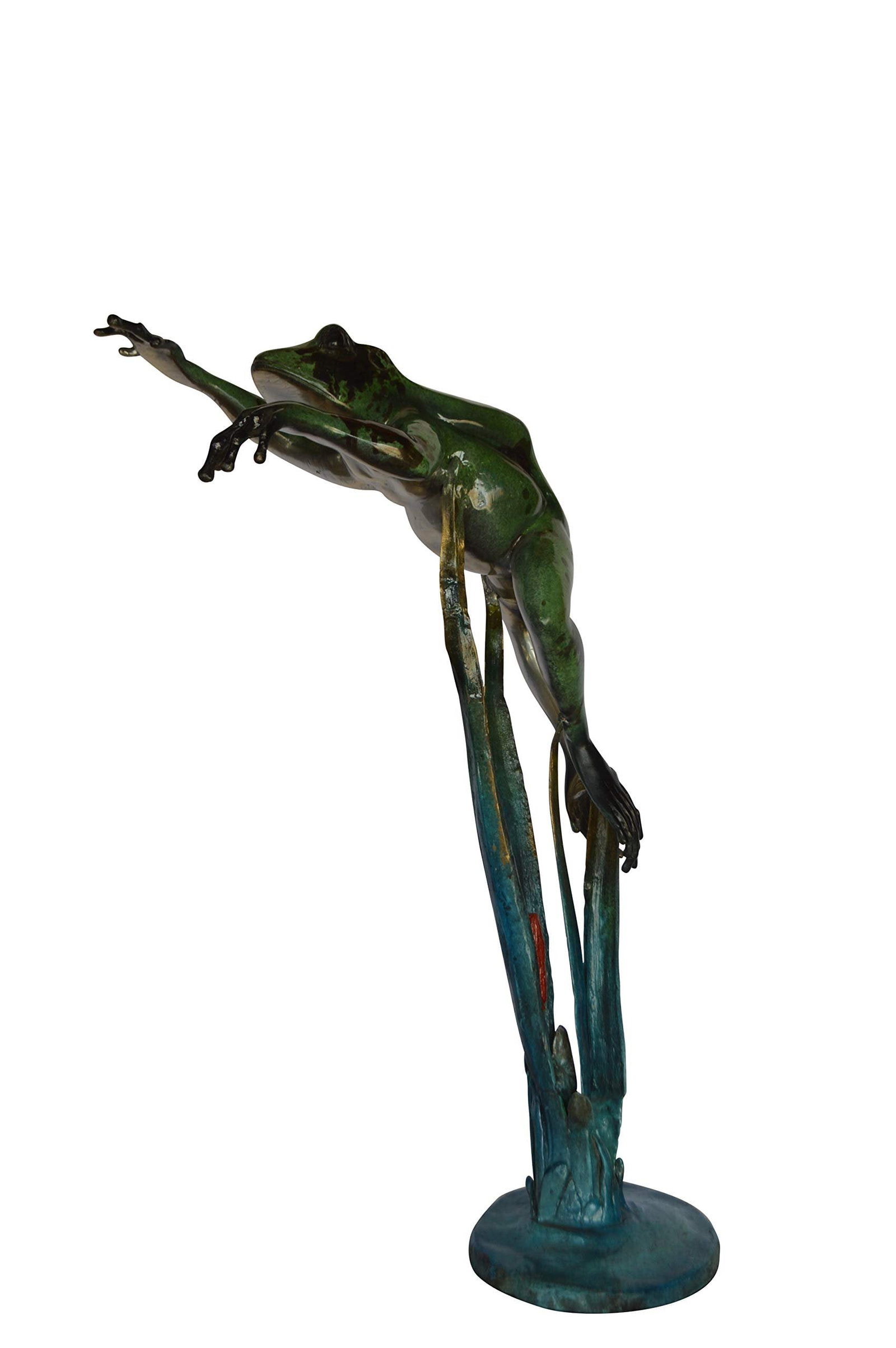 Large Frog Jumping Forward Bronze Statue on Marble – Size: 25"L x 15"W x 36"H. (1 of 11)