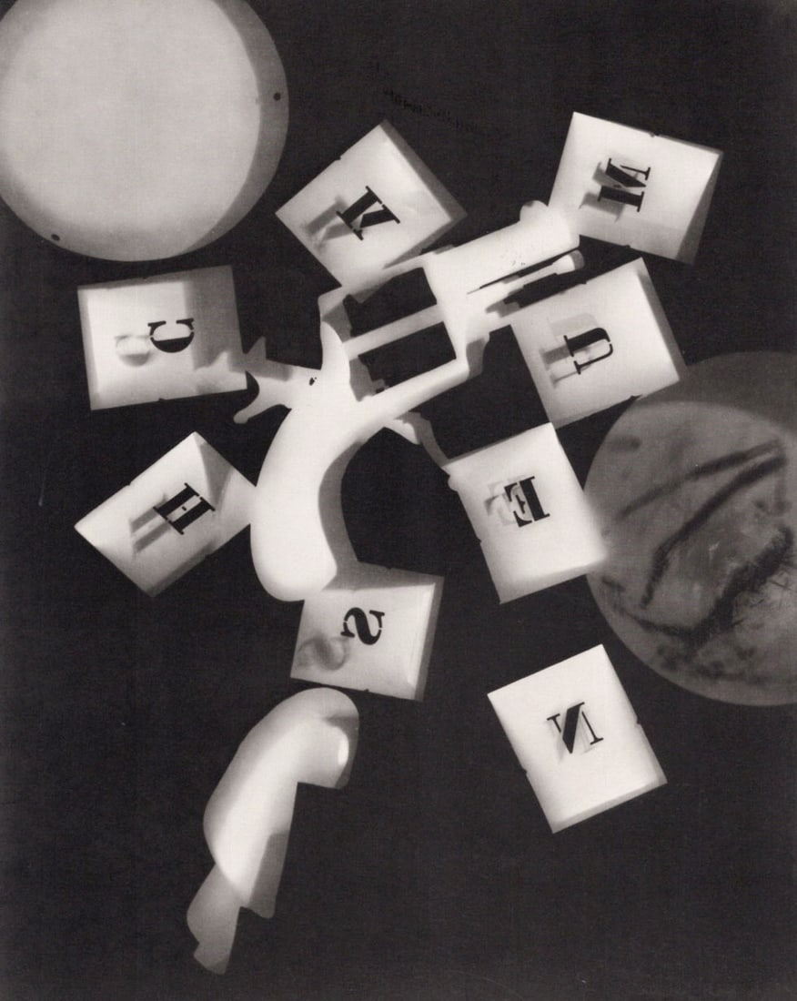 MAN RAY - Rayograph, 1924: Title: MAN RAY - Rayograph, 1924 Description: Artist: MAN RAY Print Title: Rayograph, 1924 Medium: Fine Duotone Print Printed 1980s in Germany Image size (inches) approx. 8 x 6” Man Ray was an A