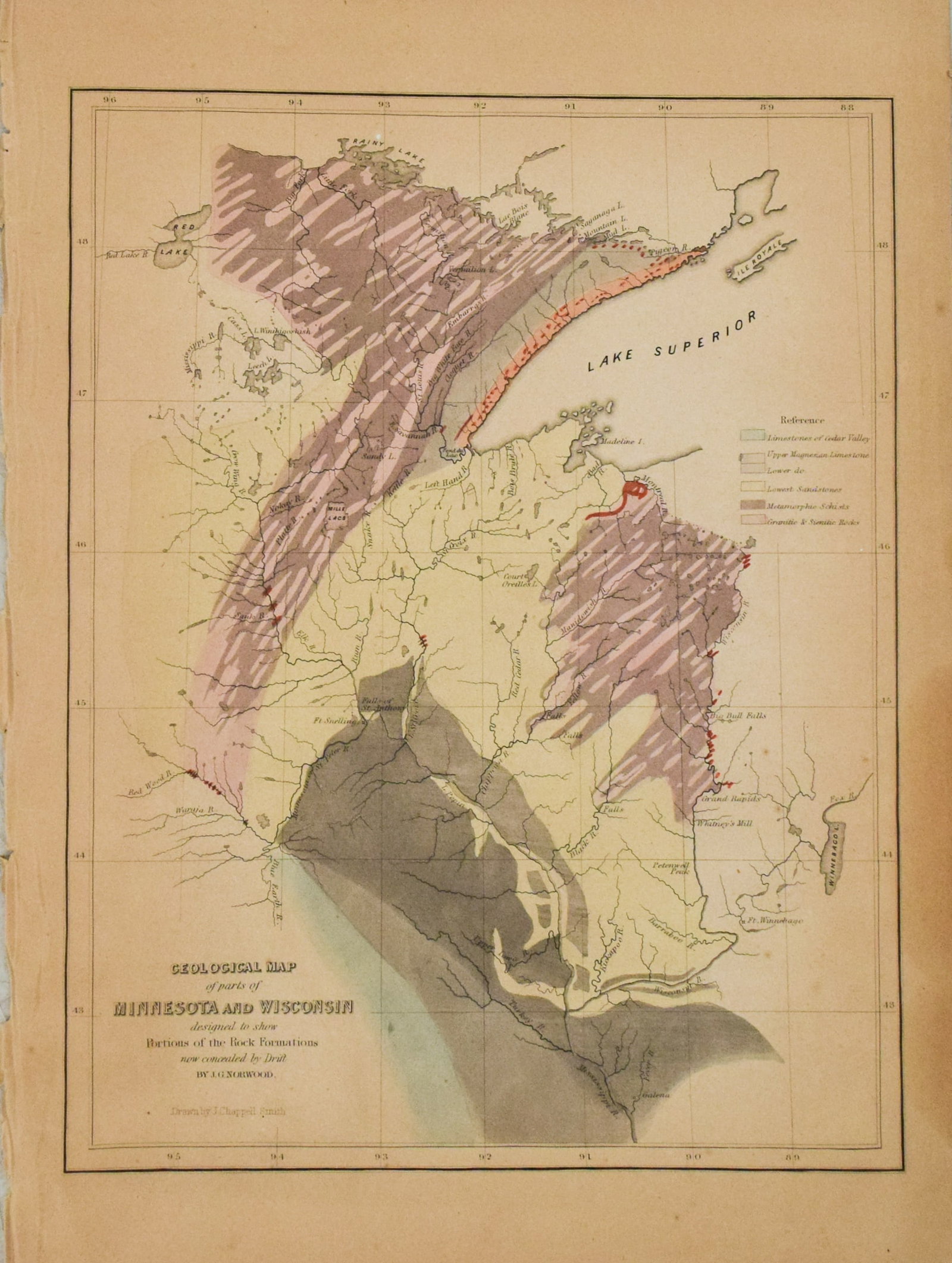 1852 Norwood Geological Map of Wisconsin and Minnesota -- Geological Map of Parts of Minnesota and (1 of 1)