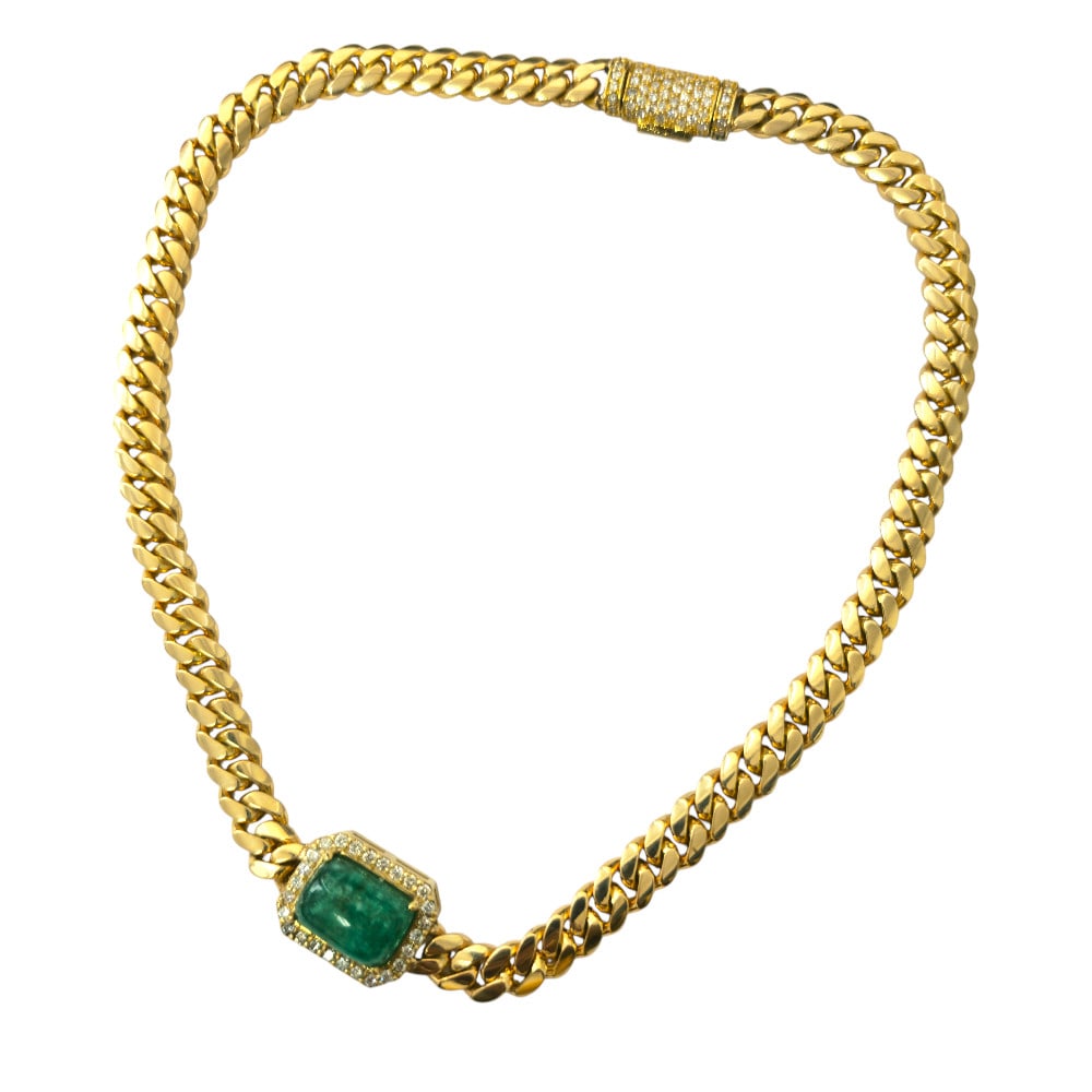 Rare 12.40 carat Colombian Emerald & Diamond Cuban Link Necklace: Title: Rare 12.40 carat Colombian Emerald & Diamond Cuban Link Necklace Description: Metal: 14k yellow gold. Center stone: 12.40 carat. 100% earth natural mined Colombian emerald. Sugar loaf shape. Ex