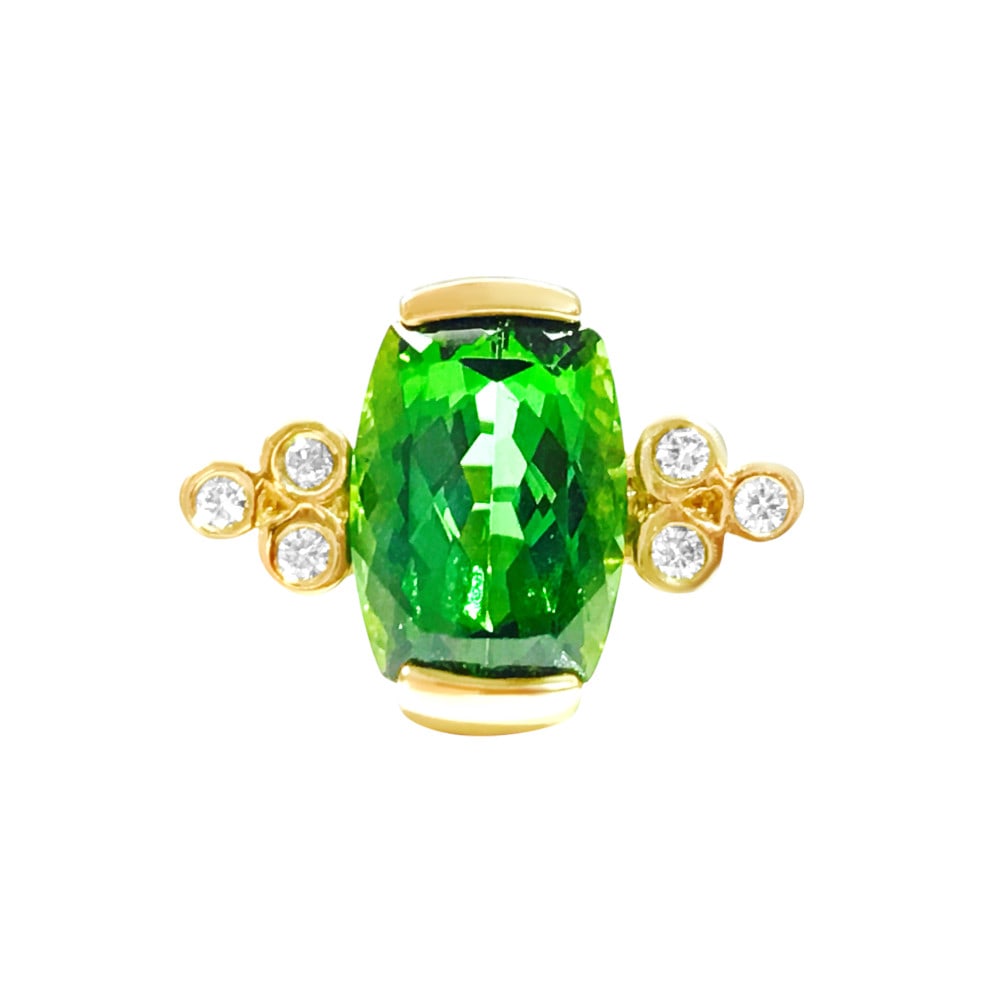 14K Gold, 4.00 CT Green Tourmaline and Diamond Ring: Title: 14K Gold, 4.00 CT Green Tourmaline and Diamond Ring Description: 14K yellow gold(tested) 4.00 carat Green Tourmaline, set in channel setting. 100% natural earth mined tourmaline. 0.21 carat sid
