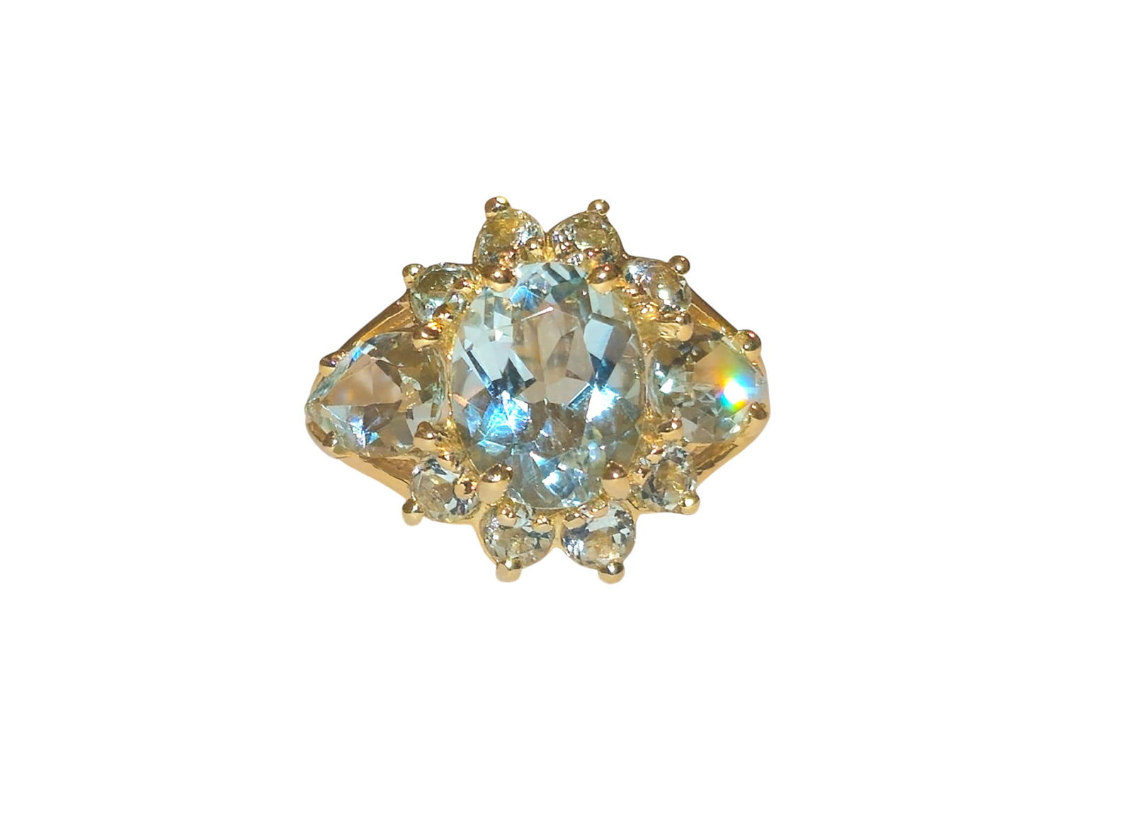 Collectible Aquamarine Ring in 14k Yellow Gold: Title: Collectible Aquamarine Ring in 14k Yellow Gold Description: Metal: 14k yellow gold. Center stone: 3 carat. Side stones: 3.30cwt. All gemstones are aquamarine and all are 100% natural earth mine
