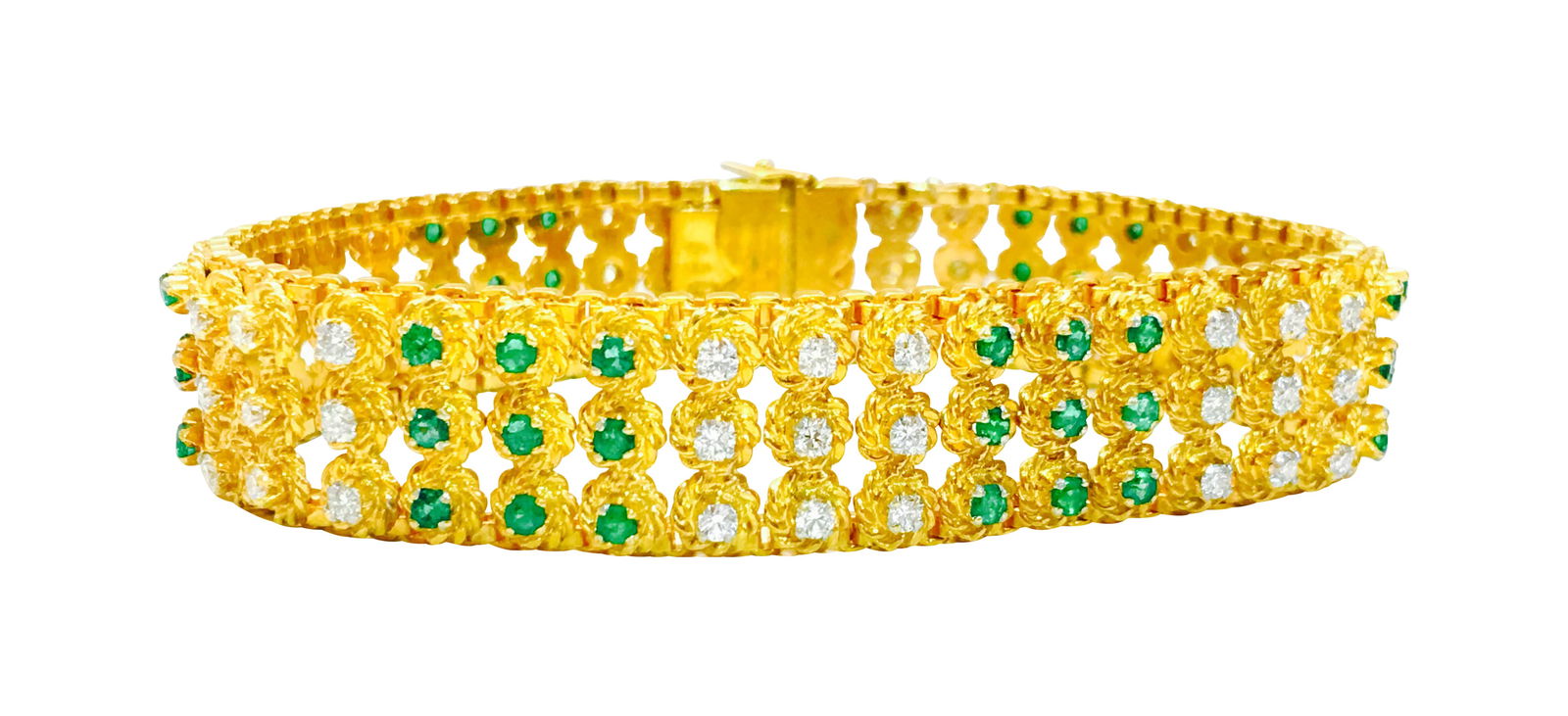 18k Gold Natural Colombian Emerald Diamond Bracelet: Title: 18k Gold Natural Colombian Emerald Diamond Bracelet Description: Metal: 18k Yellow Gold. 2.50 carat of round brilliant cut diamonds. VVS clarity - E color. 2.50 carat round cut emeralds. Made i