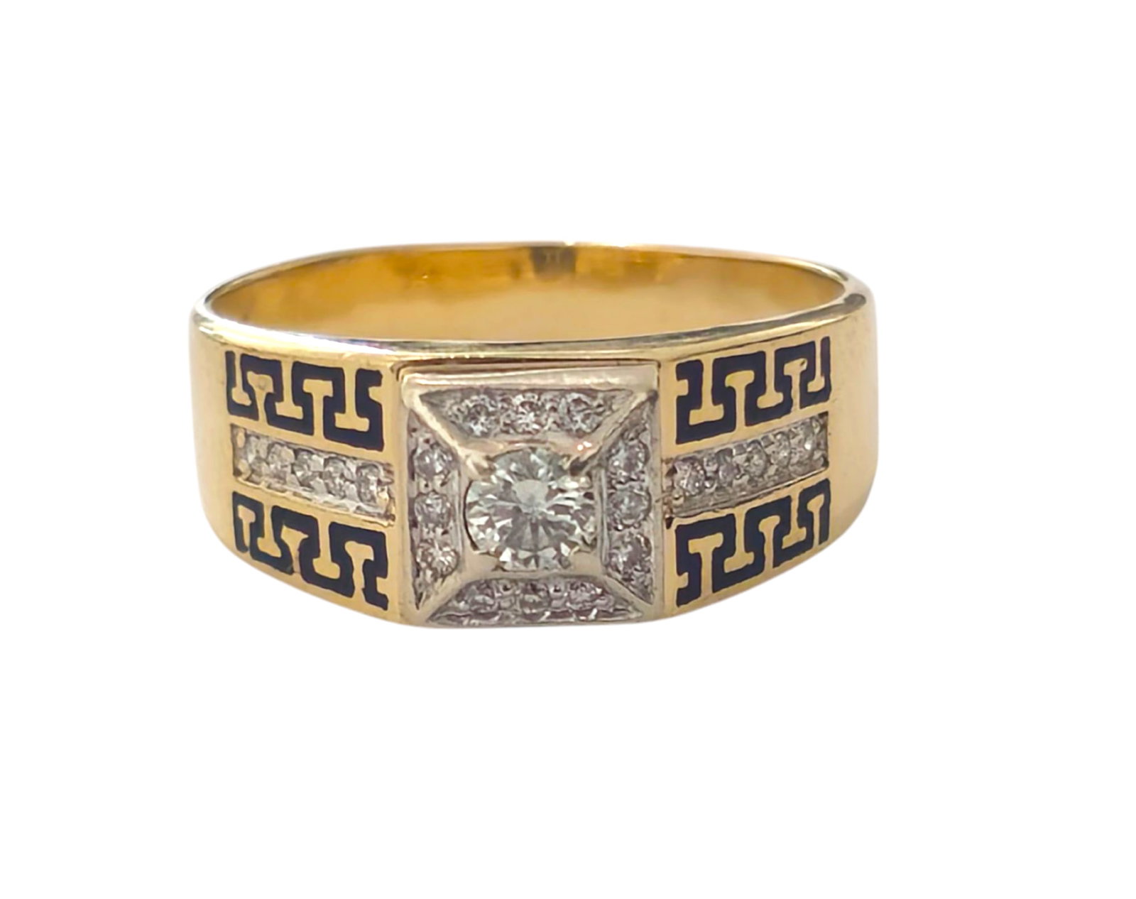 Versace style Diamond Ring: Title: Versace style Diamond Ring Description: Metal: 14k yellow gold. 0.85ct diamond, SI1 clarity, G color. 100% natural earth mined diamond. 7.17 grams total. Ring size: US 10.50 Reserve: $1,600.00