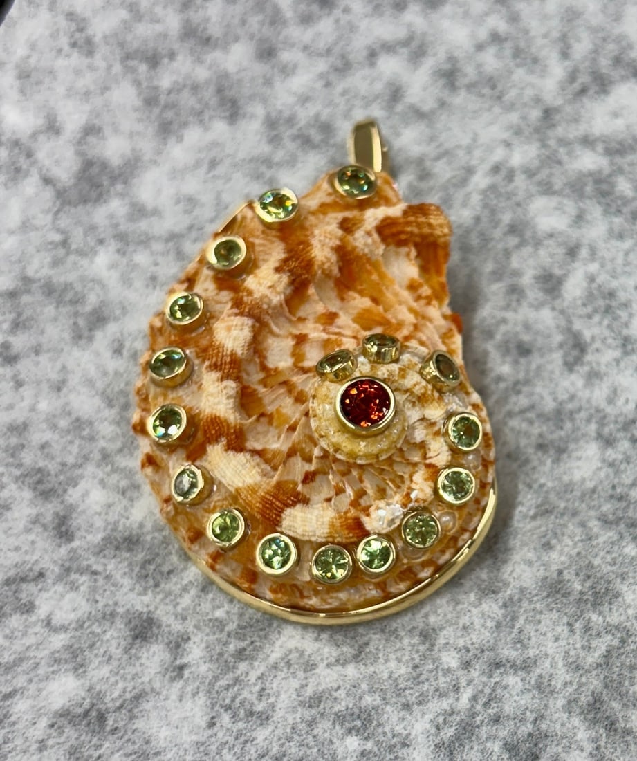14-karat Gold Abalone Brooch/Pendant with Sapphire: Title:14-karat Gold Abalone Brooch/Pendant with Sapphire Description:14-karat Gold Brooch/Pendant - the most beautiful piece I've ever designed. Had this antique Abalone for years, and didn't want to