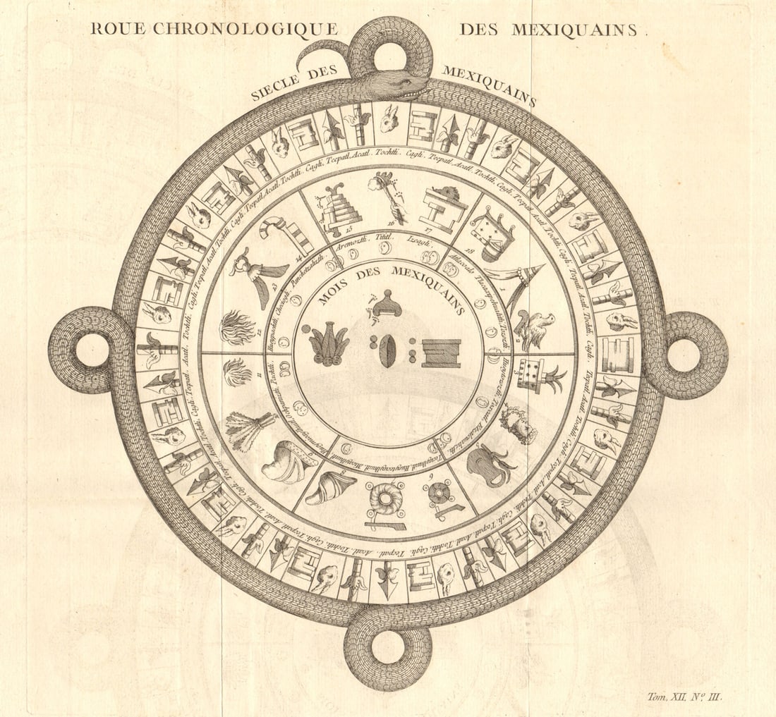 Roue Chronologique des Mexiquains'. Mexico. Pre-columbian Atzec calendar 1754: Roue Chronologique des Mexiquains [Chronological wheel of the Mexicans] by Bellin, Jacques-Nicolas. Published 1754. Antique copperplate print. Size 27 x 29 cm | 10.5 x 11.0 inches. Condition: Good; su