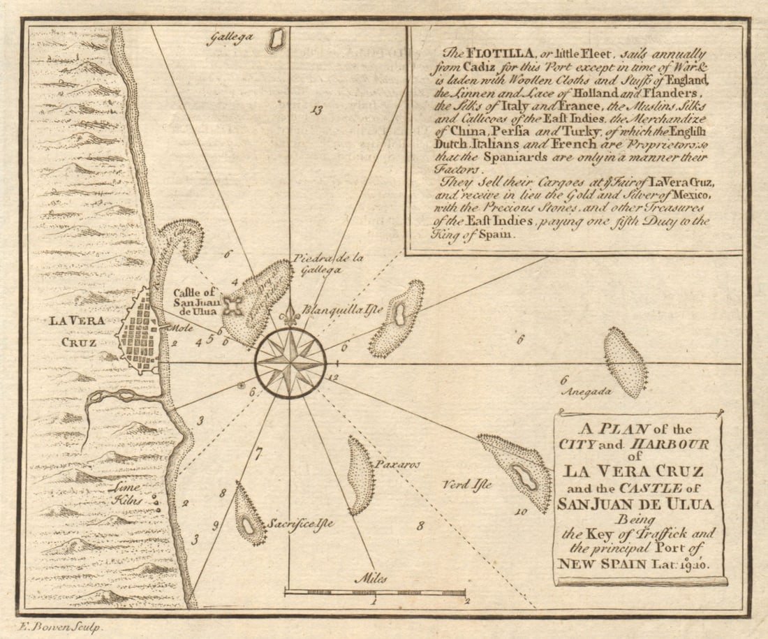City & harbour of La Veracruz & San Juan de Ulua. Mexico. E. BOWEN 1740 map: A plan of the city and harbour of La Vera Cruz and the castle of San Juan de Ulua. Being the key of traffick and the principal Port of New Spain, Lat 19° 10'' by Bowen, Emanuel. Published 1740. A