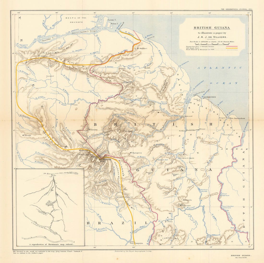 British Guiana. Boundary. Old Dutch claim. Horstman route. Guyana. RGS 1911 map (1 of 1)