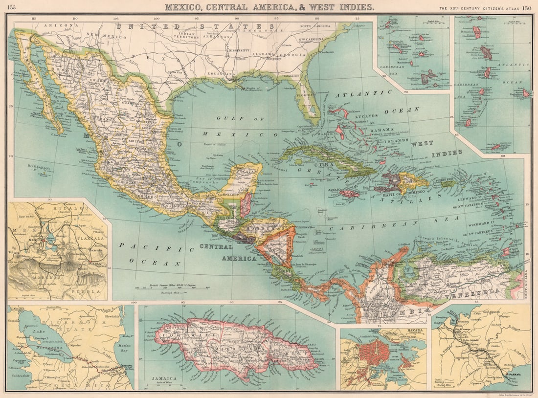 MEXICO CENTRAL AMERICA WEST INDIES. Panama & Proposed Nicaragua canal 1901 map (1 of 1)