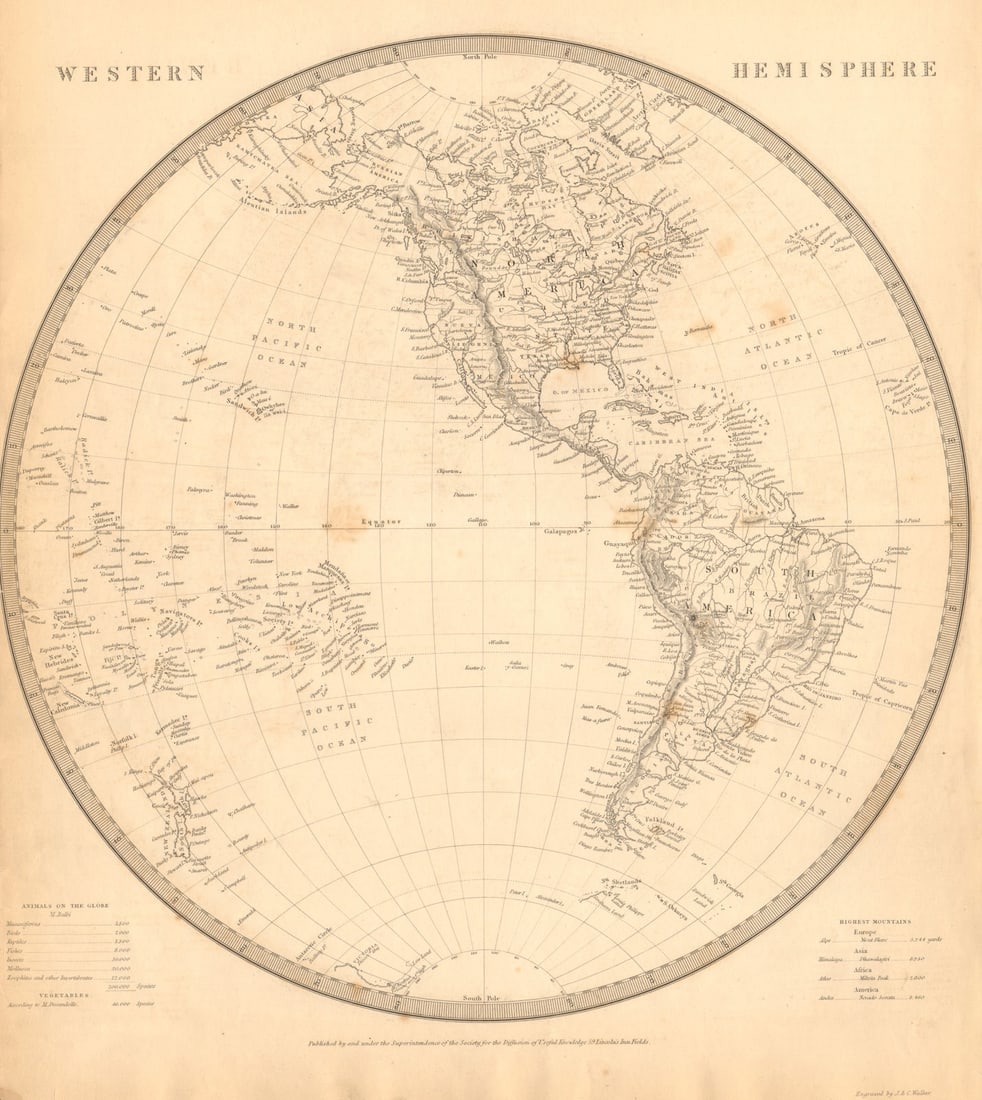 WESTERN HEMISPHERE. Americas Mexican Texas Pacific New Zealand. SDUK 1844 map (1 of 1)