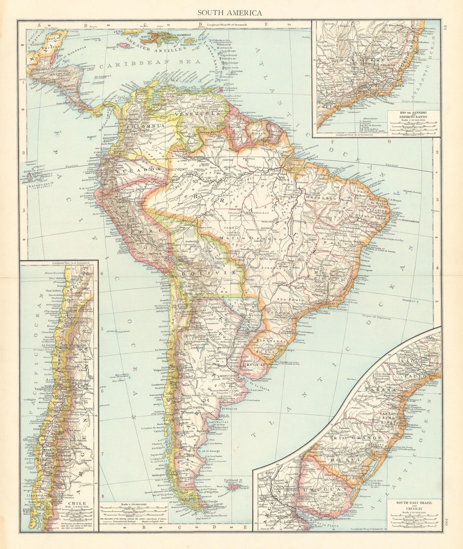 South America. Chile Brazil Uruguay Argentina Peru. THE TIMES 1895 old map (1 of 1)