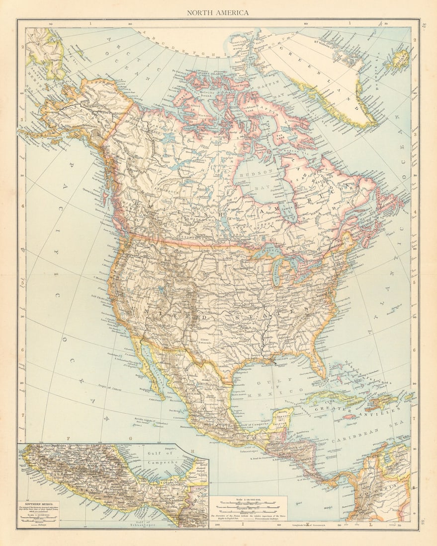 North America showing railways. Central America. USA Canada. THE TIMES 1895 map (1 of 1)