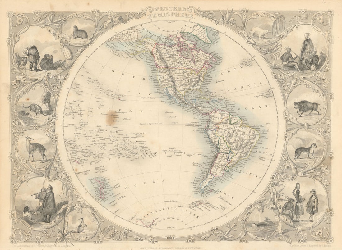 WESTERN HEMISPHERE. Shows Russian America, Gran Colombia. RAPKIN/TALLIS 1851 map (1 of 1)