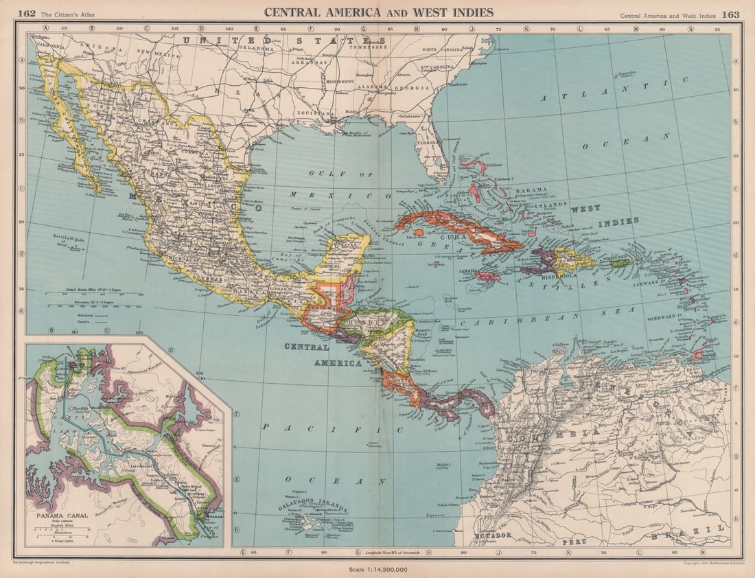 CARIBBEAN/CENTRAL AMERICA. Inset Panama Canal Zone. BARTHOLOMEW 1944 old map (1 of 1)