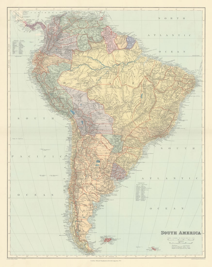 South America. Large 64x51cm. STANFORD 1904 old antique vintage map plan chart (1 of 1)