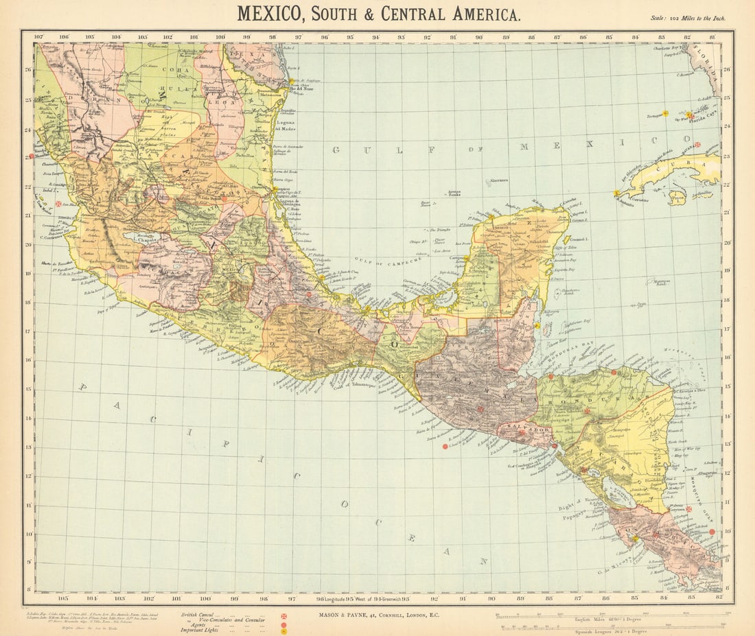 SOUTHERN MEXICO & CENTRAL AMERICA. Lighthouses. Key West Yucatan. LETTS 1892 map (1 of 1)