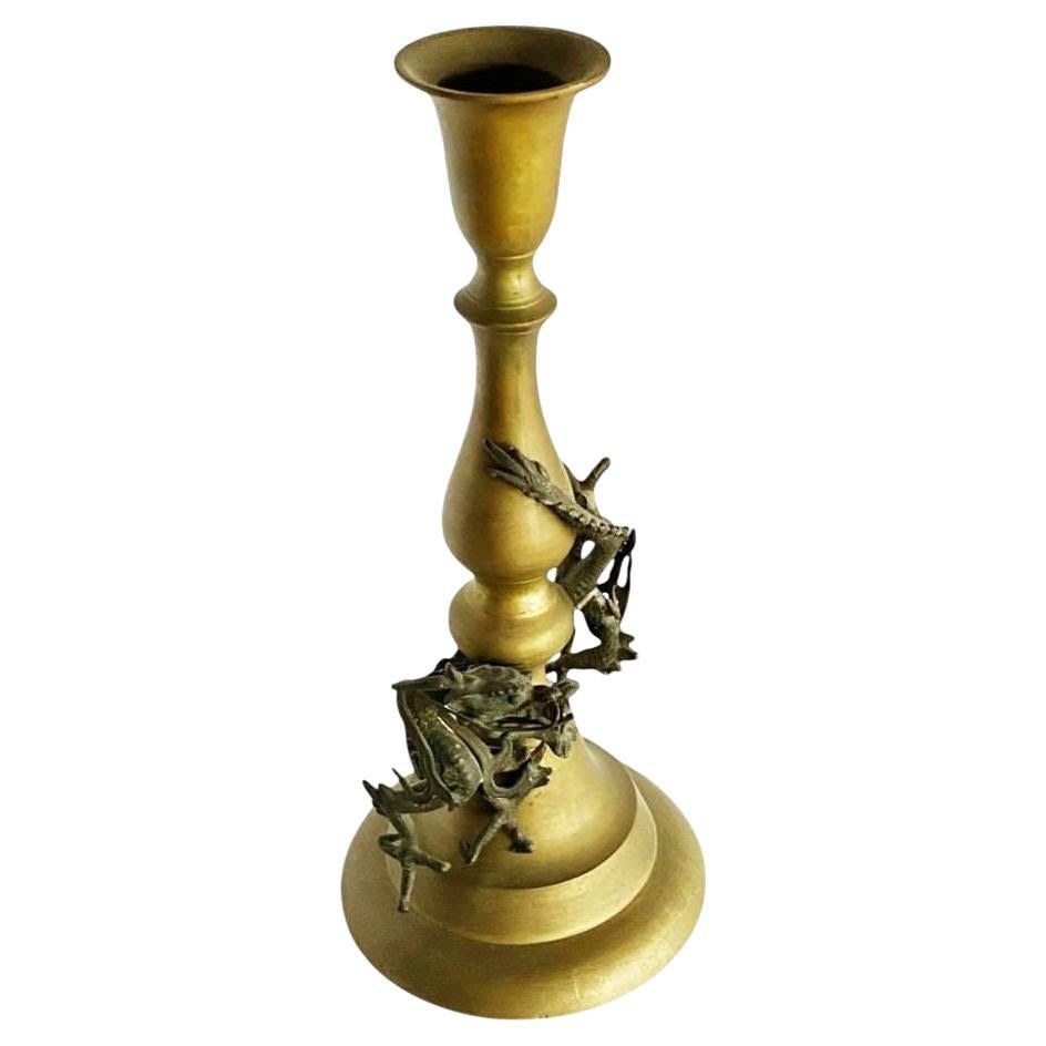 Hand Casted Brass Candlestick Holder w/ Chinese Dragon, Circa 1920: Title: Hand Casted Brass Candlestick Holder w/ Chinese Dragon, Circa 1920 Description: 9" tall casted brass candle holder with Iron cast Chinese dragon wrapped around the candle stick. This hand-cast