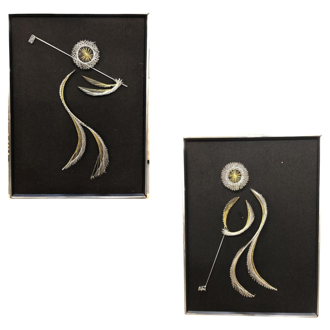 Golfing Man String Nail Art Silver and Gold on Blackby Chapman, Pair: Title: Golfing Man String Nail Art Silver and Gold on Blackby Chapman, Pair Description: Matching pair of original Mid Century Golfing Man String Nail artwork Silver and Gold on Black by Chapman. This