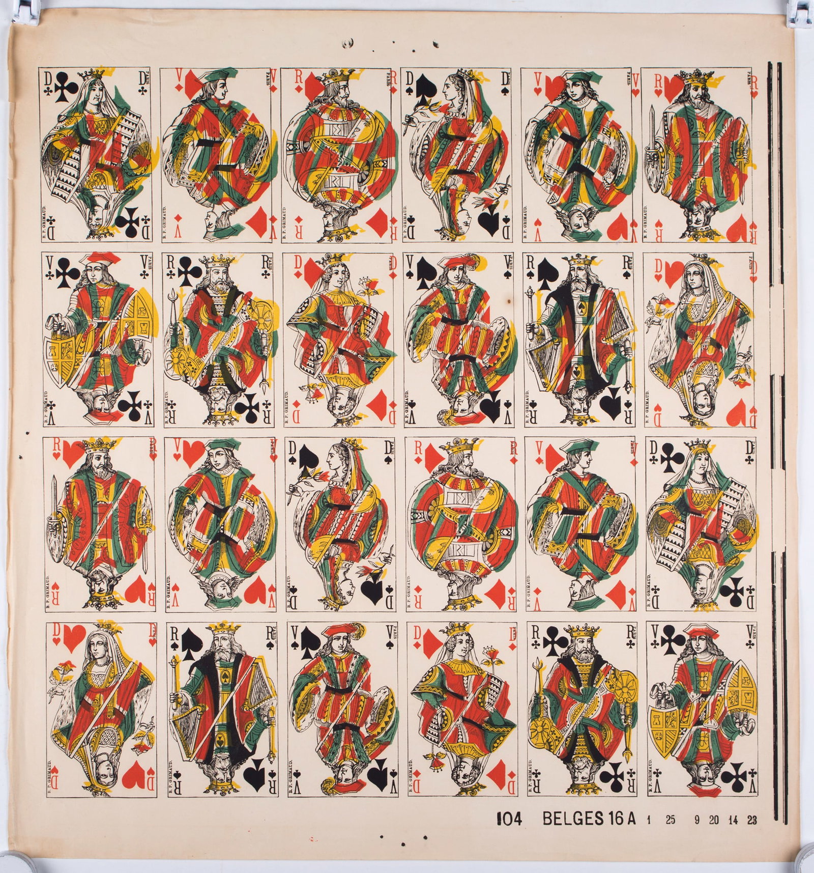 Uncut sheet playing card French suite Grimaud first run try out: Title: Uncut sheet playing card French suite Grimaud first run try out Description: French suite Grimaud without Joker . In France, the "fool " or joker officially appeared in card games in 1902, the