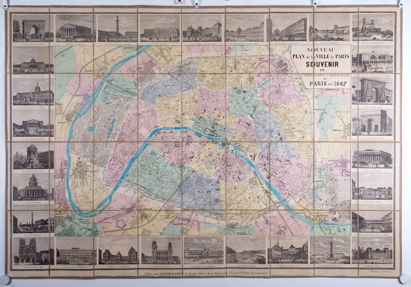 1867 LARGE FRENCH ANTIQUE MAP OF PARIS Victor Clerot on linen backing: Title: 1867 LARGE FRENCH ANTIQUE MAP OF PARIS Victor Clerot on linen backing Description: Large French map of Paris circa 1860 edited by Victor Clérot (fl. 1855 - 1890), he was a Paris based geog
