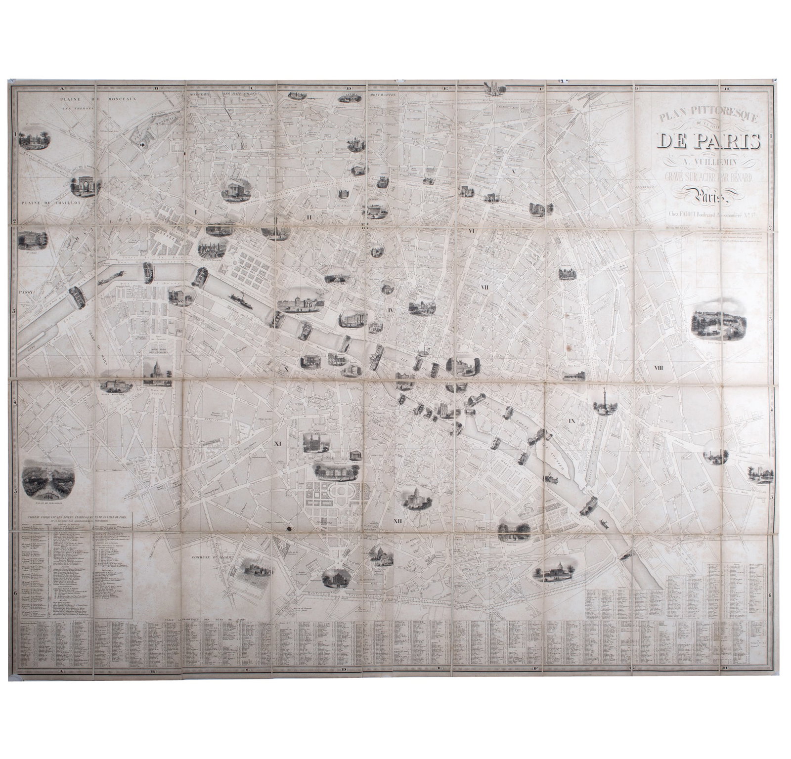 1840 LARGE FRENCH ANTIQUE MAP OF PARIS Fatout Vuillemin on linen backi: Title: 1840 LARGE FRENCH ANTIQUE MAP OF PARIS Fatout Vuillemin on linen backi Description: Plan pittoresque de la ville de Paris / dressé par A. Vuillemin ; gravé sur acier par Bénard,