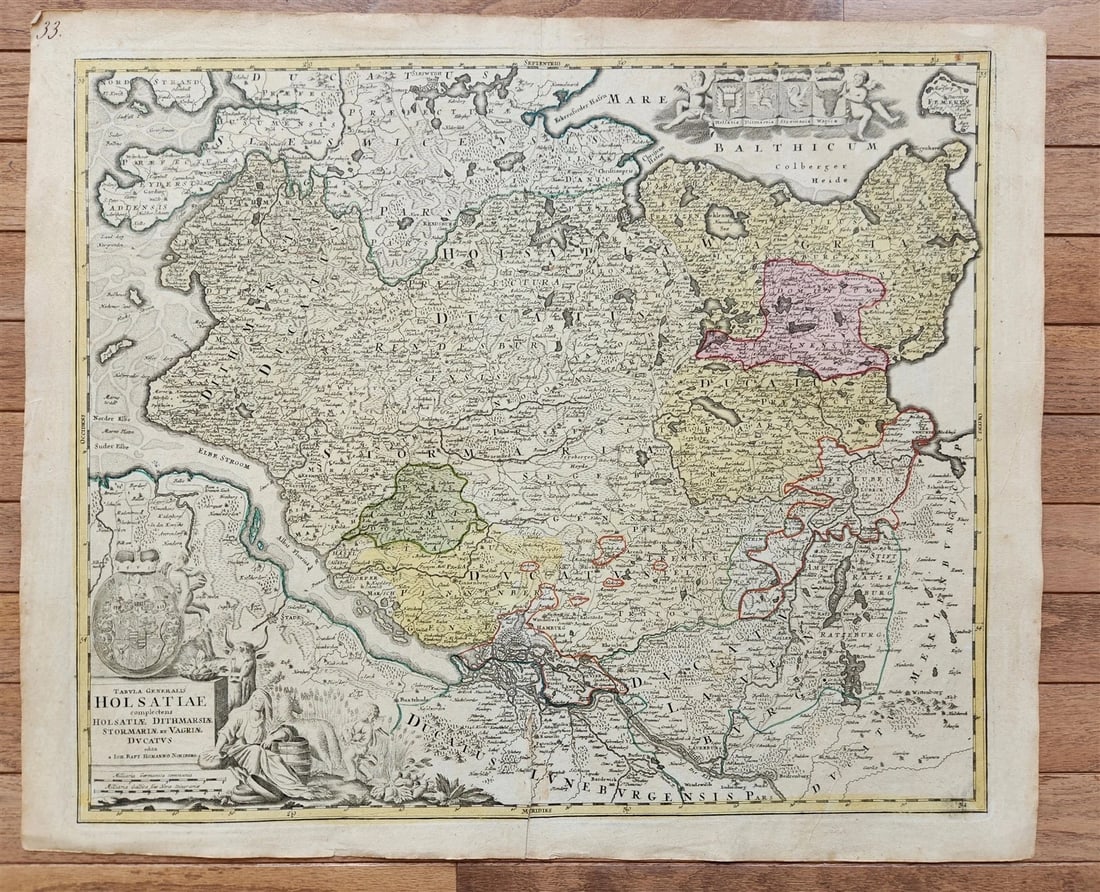 1730 HOLSTEIN GERMANY antique MAP TABULA GENERALIS HOLSATIAE by JOHANN B. HOMANN: Title: 1730 HOLSTEIN GERMANY antique MAP TABULA GENERALIS HOLSATIAE by JOHANN B. HOMANN Description: Johann Baptista Homann Germany, ca. 1664–1724 TABULA GENERALIS HOLSATIAE complectens Holastia