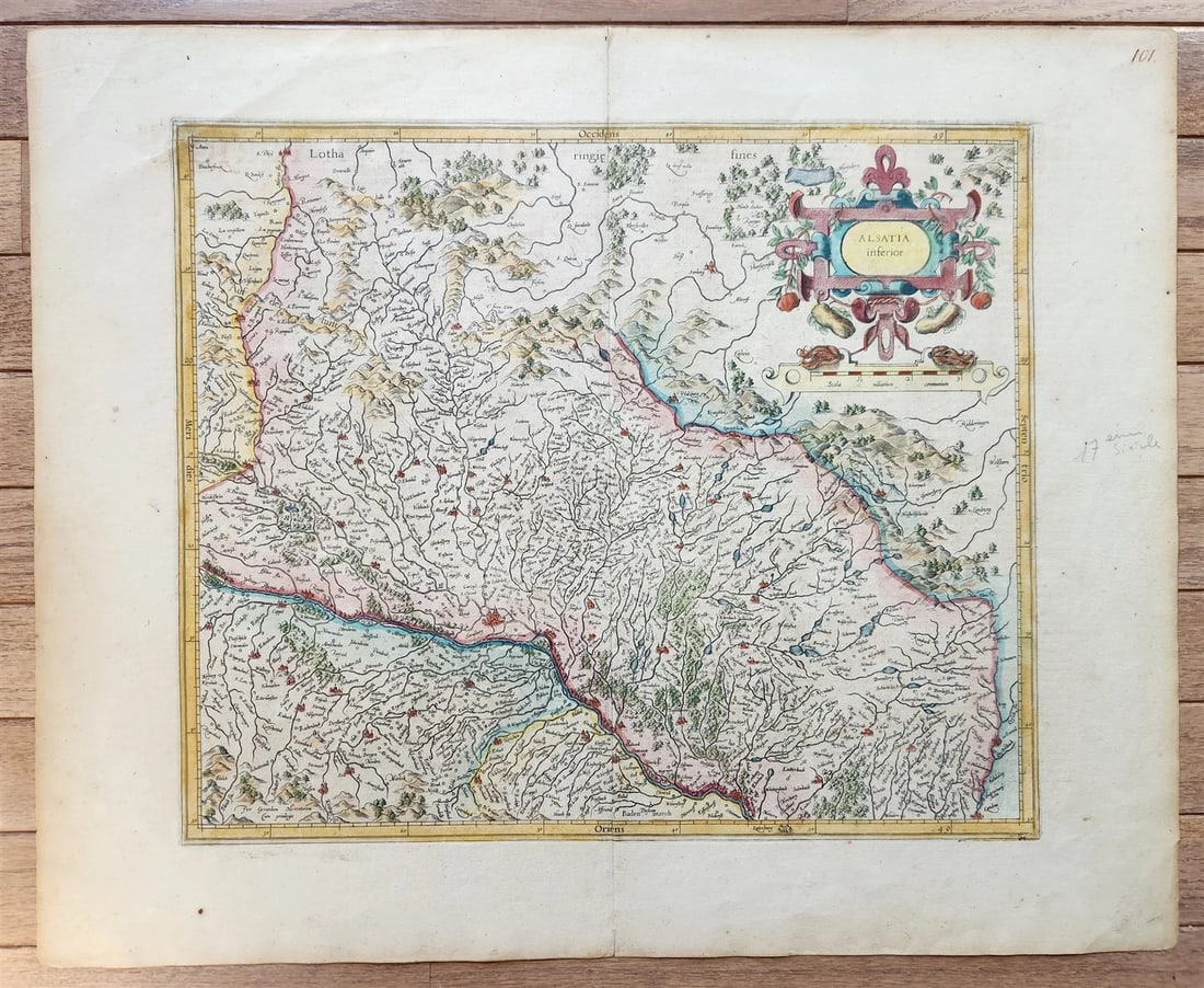 1630s ALSACE FRANCE antique MAP by GERARD MERCATOR L'ALSATIA INFERIOR: Title: 1630s ALSACE FRANCE antique MAP by GERARD MERCATOR L'ALSATIA INFERIOR Description: ALSACE L'ALSATIA INFERIOR by Gerard Mercator c. 1630s Hand-colored copper engraving on paper Size 14 by 16 3/4