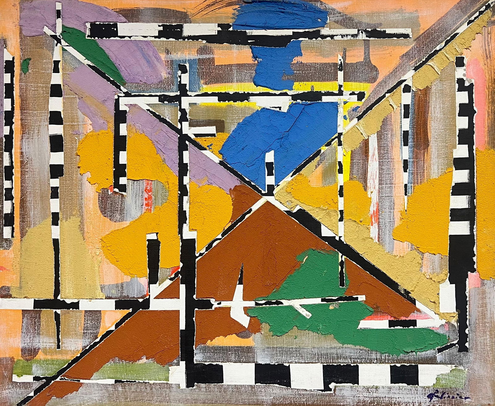 Gilbert Pelissier; French 1970's Abstract Composition Mixed Media Painting on Canvas signed/ dated,: Title: Gilbert Pelissier; French 1970's Abstract Composition Mixed Media Painting on Canvas signed/ dated, 1973 Description: Title: Seated Male Nude in a Meditative Pose Artist: Josine Vignon (French