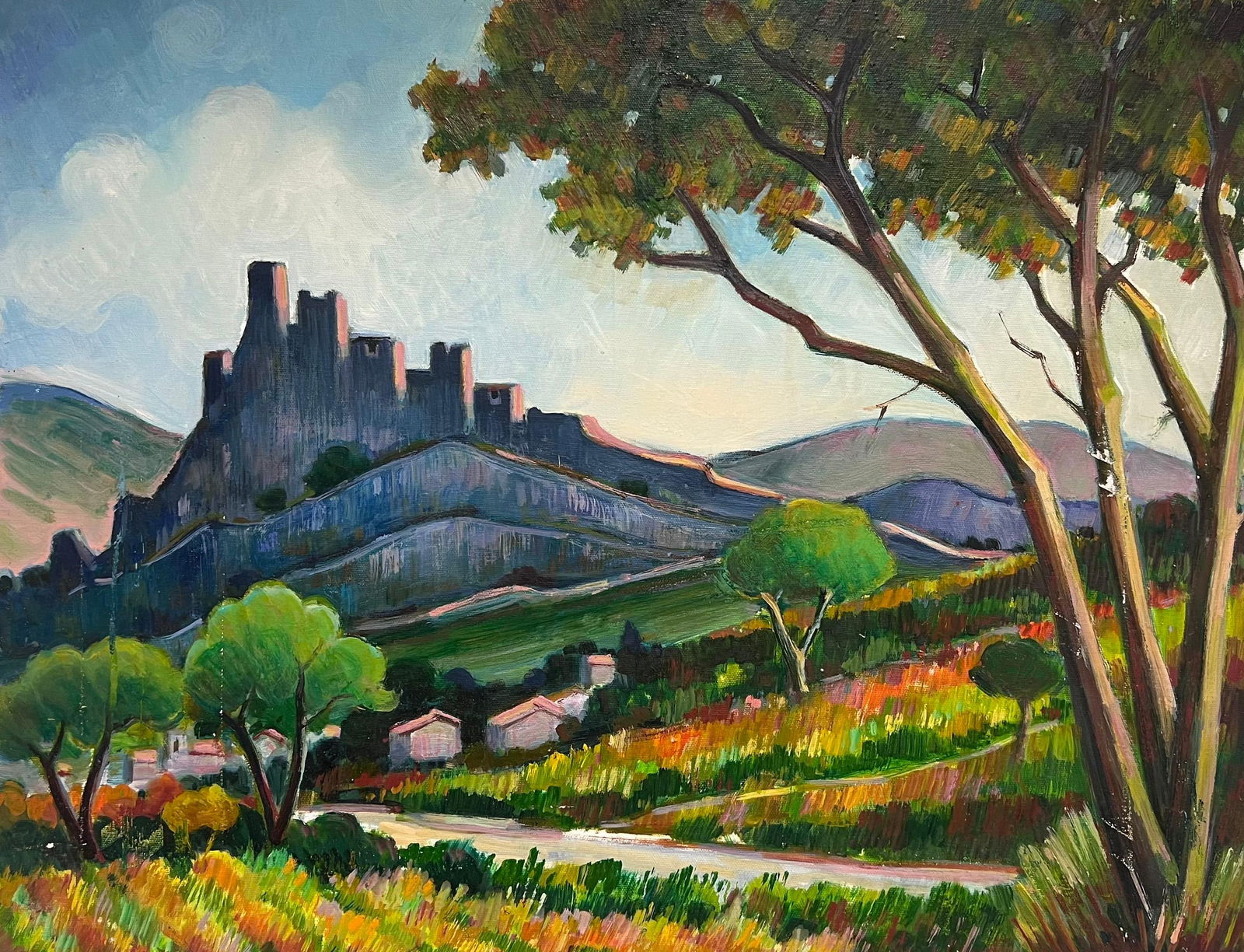 Max Toutain; Castle on the Hill Lush Countryside Framing an Ancient Fortress French Oil: Title: Max Toutain; Castle on the Hill Lush Countryside Framing an Ancient Fortress French Oil Description: Abstract Expressionist Composition by Gilbert Pelissier (French born 1924) oil painting on c