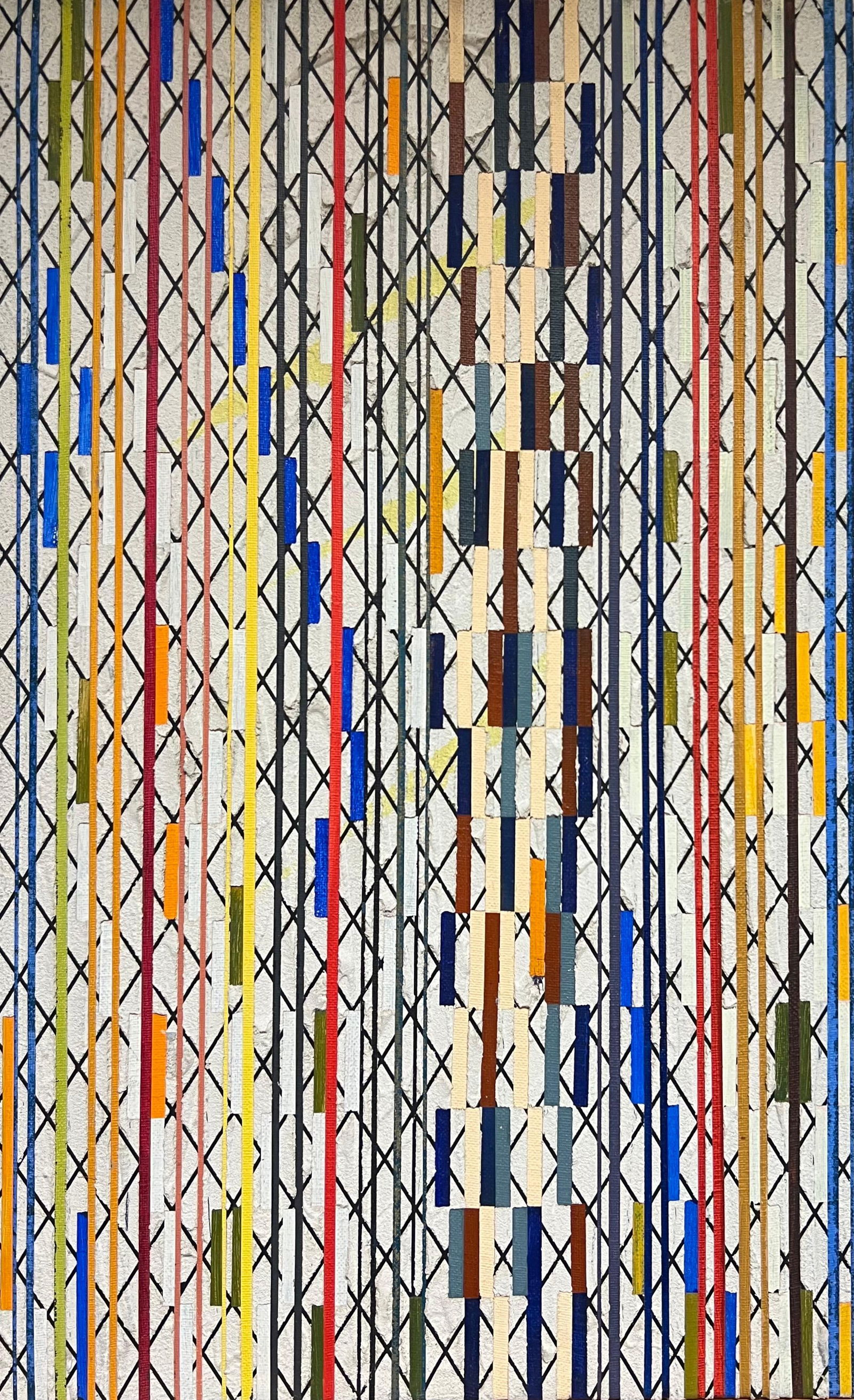 Gilbert Pelissier; French 20th Century Geometric Abstract with Intersecting Lines and Bold Colors,: Title: Gilbert Pelissier; French 20th Century Geometric Abstract with Intersecting Lines and Bold Colors, 1974 Description: Title: Original Oil Painting of a Nude Figure Kneeling Next a stool in a Stu